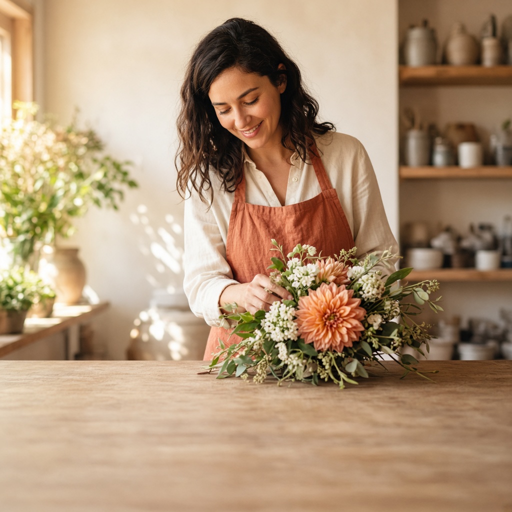 A florist at work in her flower shop